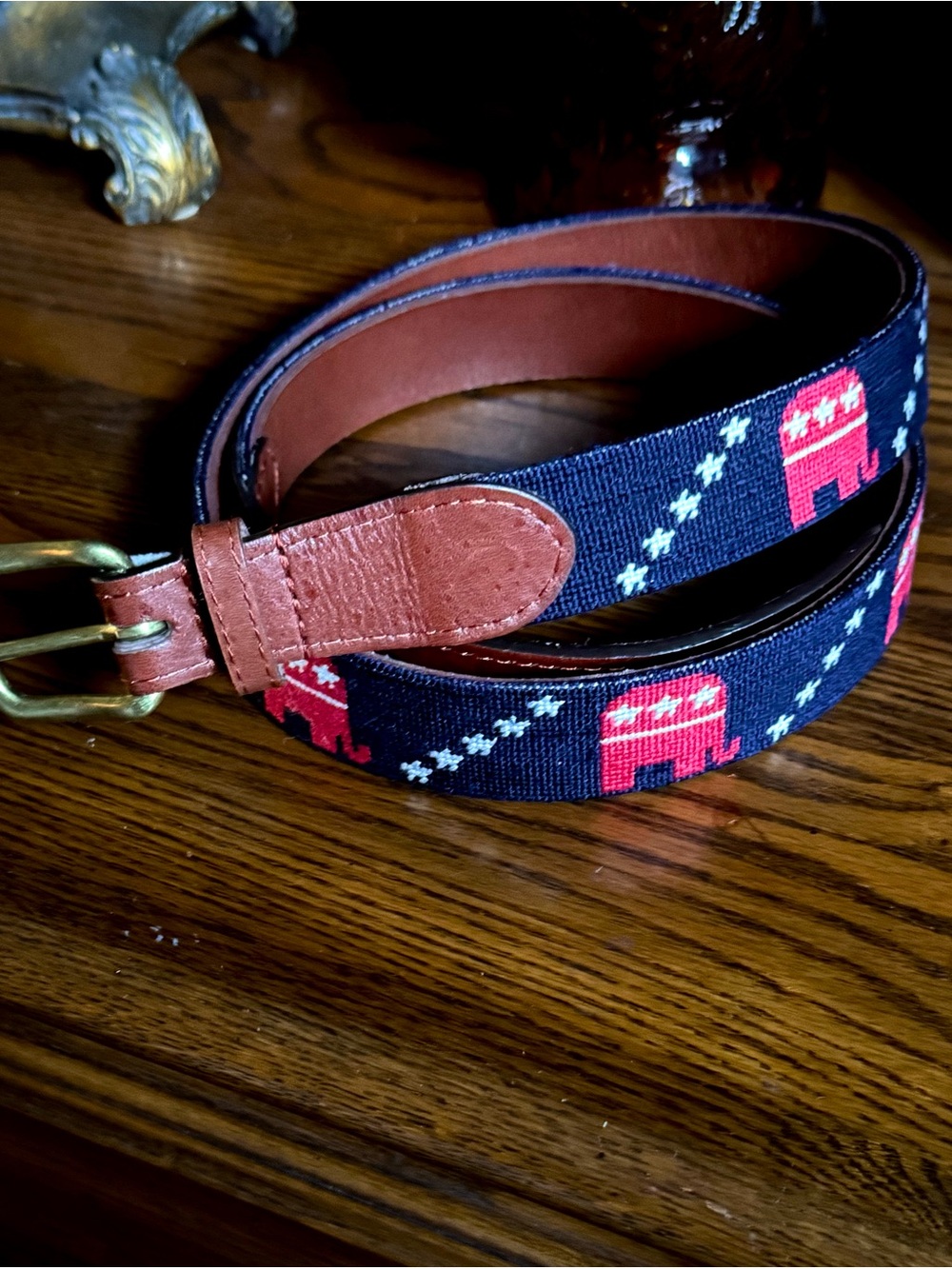 Navy GOP Needlepoint Belt with Red Elephants and White Stars